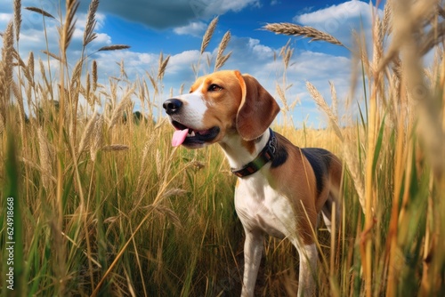 beagle tracking scent in a field of tall grass, created with generative ai