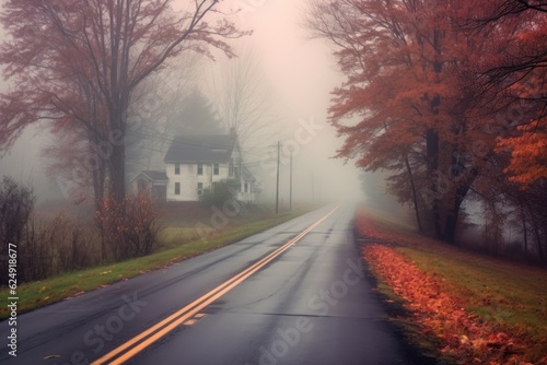 foggy morning scene with a lonely road amidst fall colors, created with generative ai