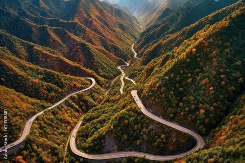 aerial view of a mountain pass in autumn splendor, created with generative ai