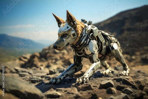 Robot jackal in the nature. Generative AI art