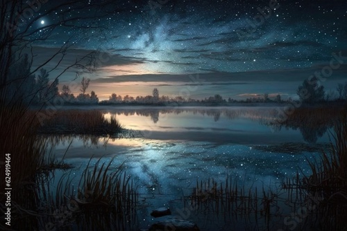 a twinkling night sky with mysterious stars above a tranquil lake, created with generative ai © altitudevisual