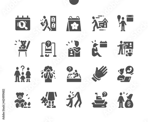 International Missing Children Day 25 May. Escape from home. Hot line. Selling children. Calendar. Vector Solid Icons. Simple Pictogram