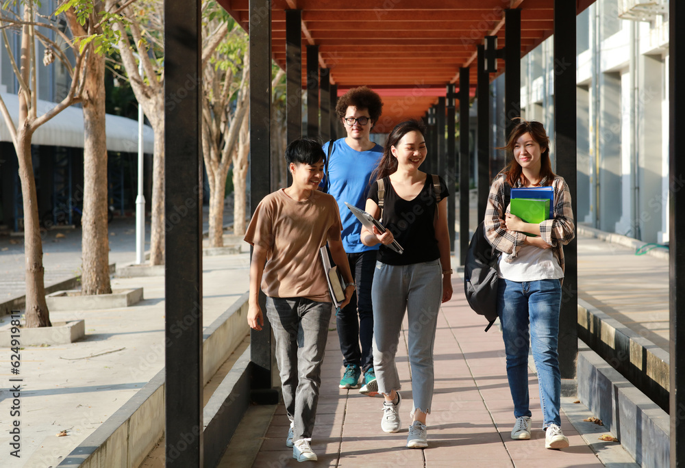 Fototapeta premium lifestyle group of students has to walk and talk after class. discussion on the lesson class