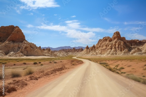 scenic road trip through the desert  with endless views of red rocks and sand  created with generative ai