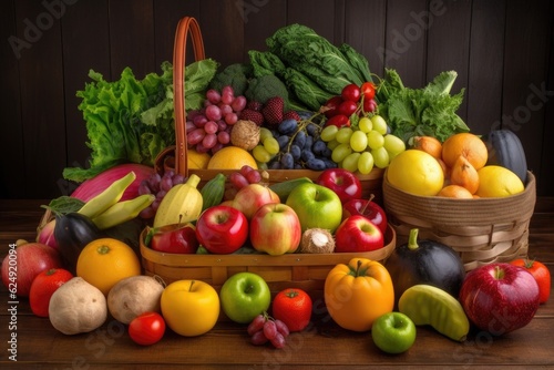 full and overflowing basket of fresh fruits & vegetables, created with generative ai