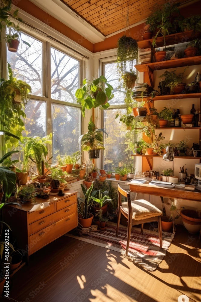 sunny office with large windows and potted plants, created with generative ai