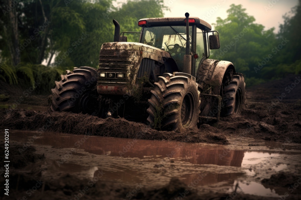 tractor tires sinking in muddy terrain, created with generative ai tractor tires sinking in muddy terrain, created with generative ai