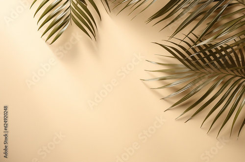 Top view of tropical leaves and shadow on sand color background. Flat lay. Minimal summer concept with palm tree leaf. Copy space. Generative AI