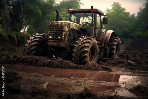 tractor tires sinking in muddy terrain, created with generative ai