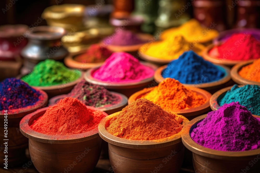 close-up of vibrant spice powders in wooden bowls, created with generative ai