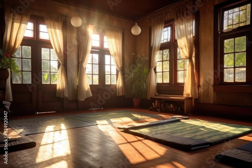 sunlight streaming through windows onto empty yoga mats, created with generative ai