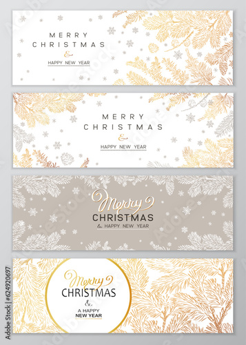 Christmas Poster set with pine branches on white background. Winter horizontal banner design collection.