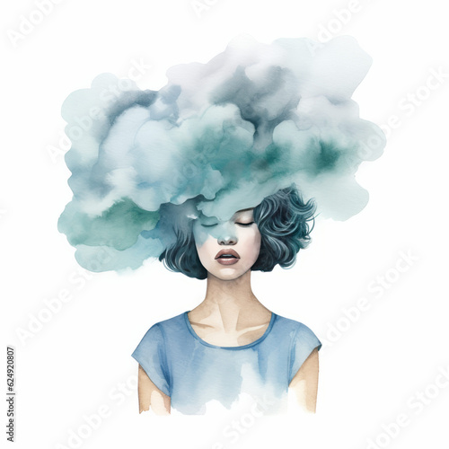 Brunette Young Woman With Cloud Over Head Symbolizing Depression, Brain Fog, Sadness, Mental Illness