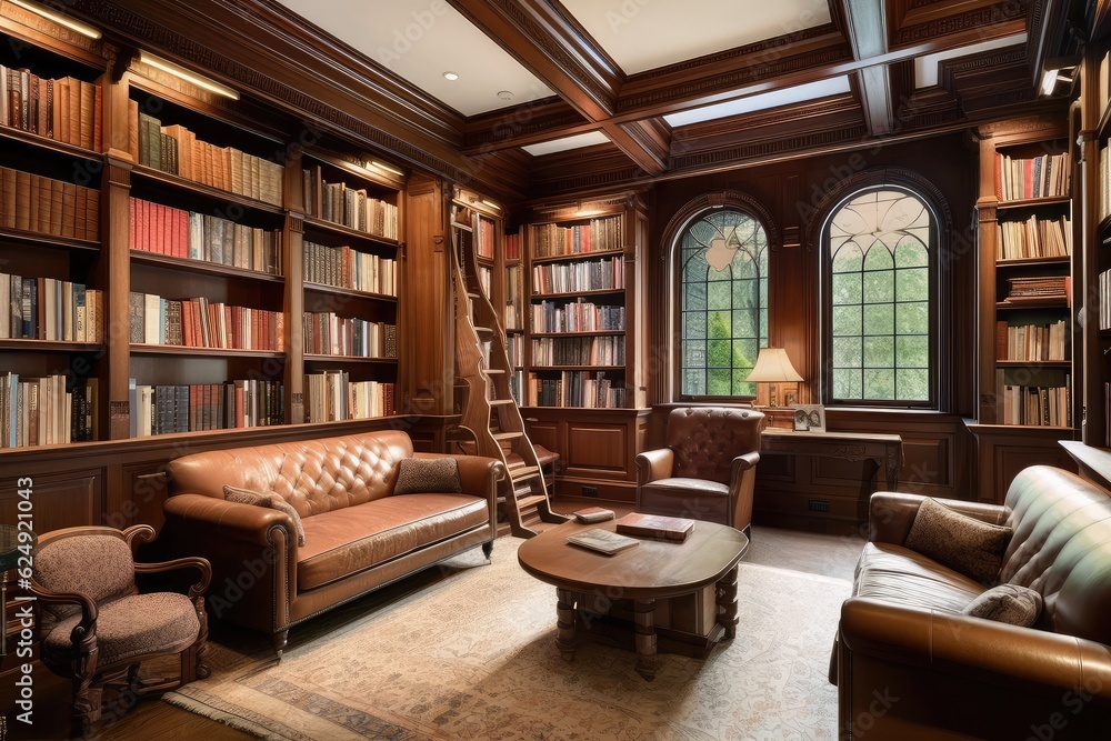 wood-paneled library filled with classic books, oversized armchair, and private study room, created with generative ai