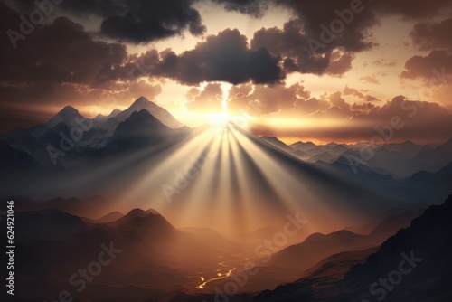 dramatic sunrise over foggy mountain range, with the sun breaking through the clouds, created with generative ai