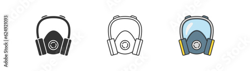 Breathing medical respiratory mask for full face icon isolated on white background. Respirator with filters symbol. Health safety, military, chemistry. Flat design for web UI. Vector illustration.