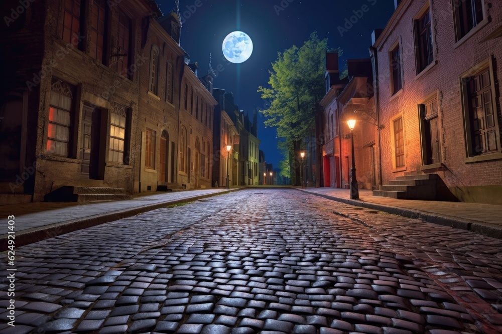 Fototapeta premium shadowy cobblestone street under a full moons glow, created with generative ai