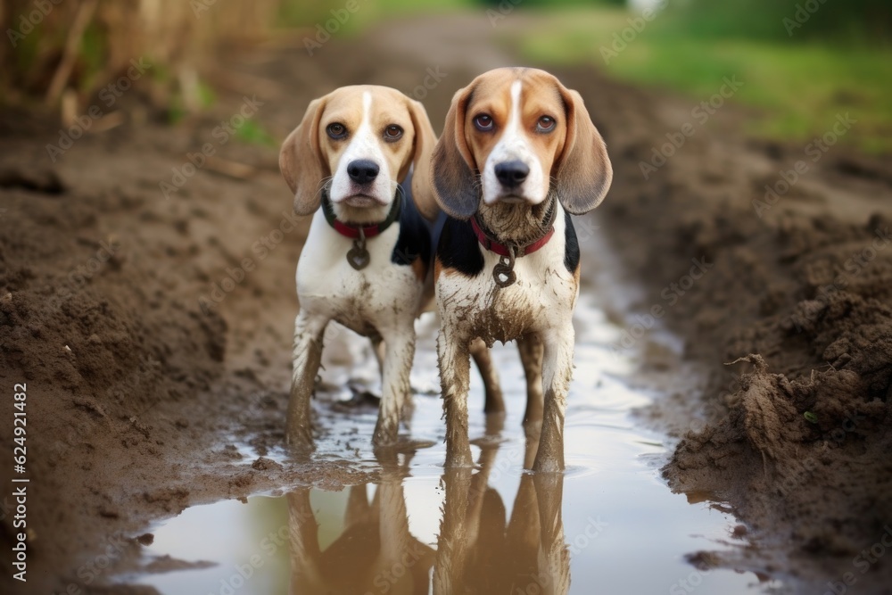 beagles paw prints in mud while following scent, created with generative ai beagles paw prints in mud while following scent, created with generative ai