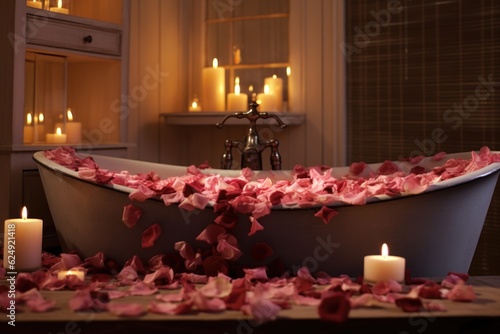 overflowing bath with floating candles and rose petals, created with generative ai