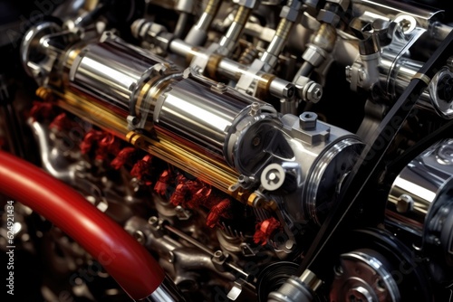 close-up of sports car engine components, created with generative ai