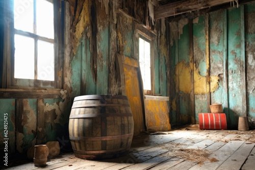 wooden barrel with peeling paint in abandoned barn, created with generative ai © Alfazet Chronicles