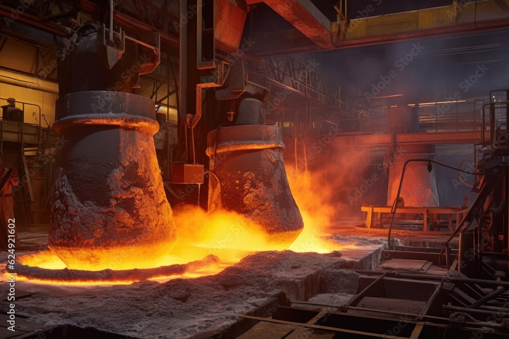 molten steel pouring into molds at a foundry, created with generative ai