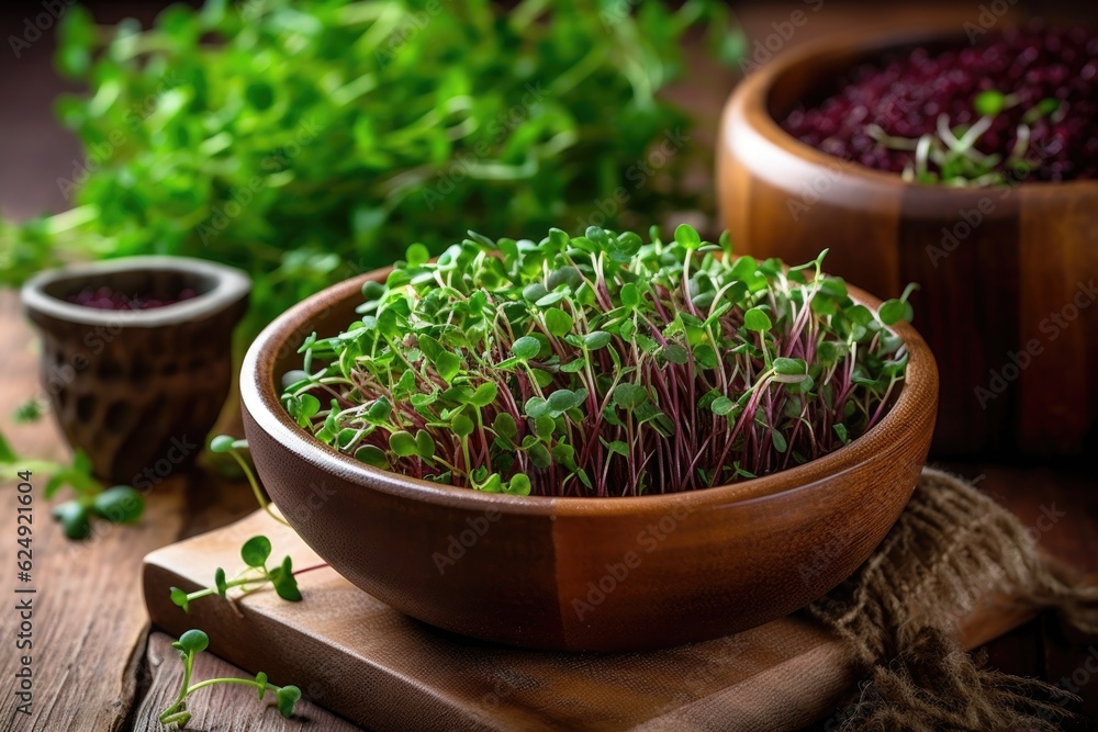 freshly harvested microgreens in a wooden bowl, created with generative ai