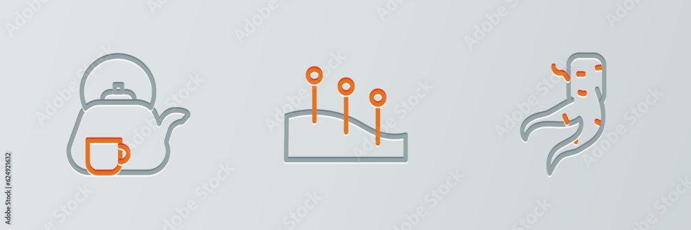 Set line Ginger root, Teapot with cup and Acupuncture therapy icon. Vector Set line Ginger root, Teapot with cup and Acupuncture therapy icon. Vector