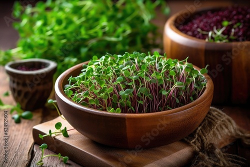 freshly harvested microgreens in a wooden bowl, created with generative ai