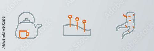 Set line Ginger root, Teapot with cup and Acupuncture therapy icon. Vector