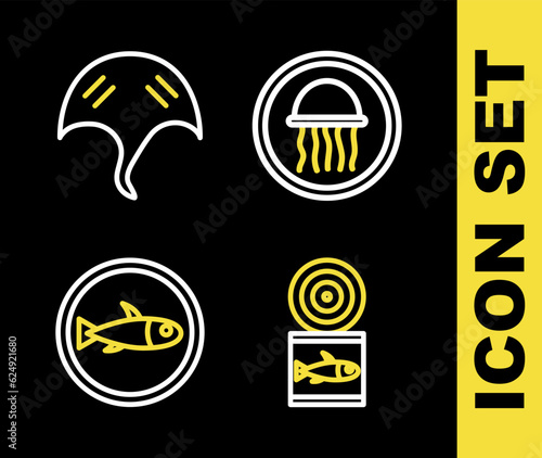Set line Jellyfish on a plate  Canned  Served and Stingray icon. Vector