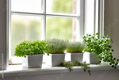 microgreens in a minimalist white windowsill setup, created with generative ai