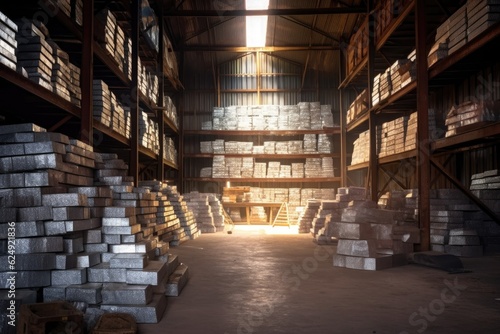 aluminum ingots stacked in a warehouse, created with generative ai