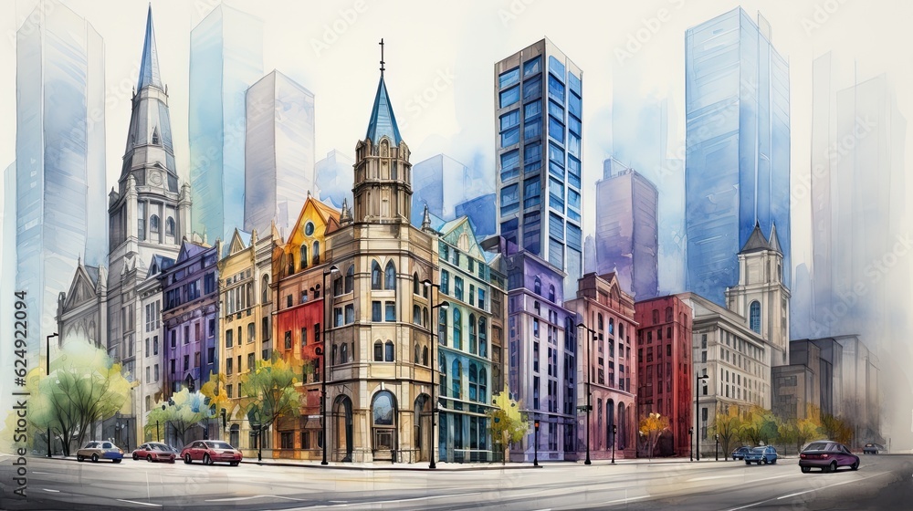 Naklejka premium Tall buildings having windows on all sides. (Generative AI)