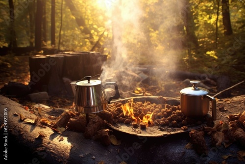 morning sunlight shining on a campfire coffee brew, created with generative ai