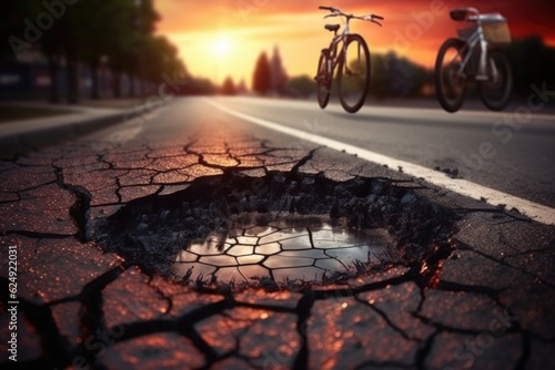 bike tire tracks leading around a pothole, safety concept, created with generative ai