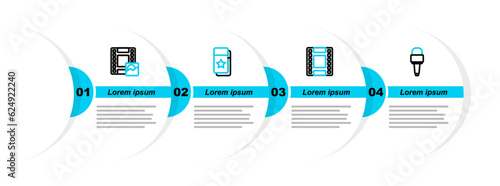 Set line Microphone, Play Video, Cinema ticket and icon. Vector