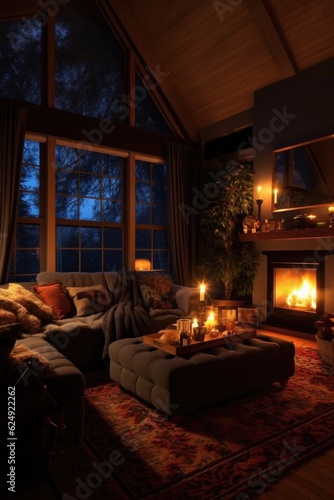 cozy family living room with fireplace and decorations  created with generative ai