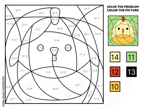 Chick. Solve the problem, color the picture. Addition, Subtraction Coloring book Vector