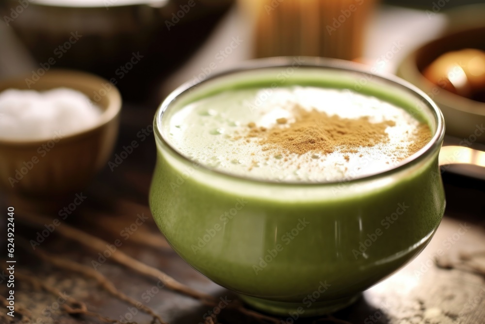 close-up of frothy matcha tea in a chawan, created with generative ai close-up of frothy matcha tea in a chawan, created with generative ai