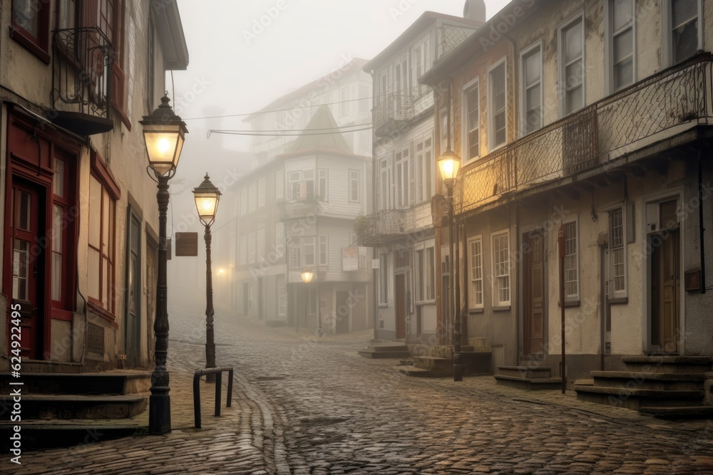 foggy cobblestone street with vintage lampposts, created with generative ai