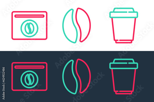 Set line Coffee cup to go, Bag coffee beans and icon. Vector