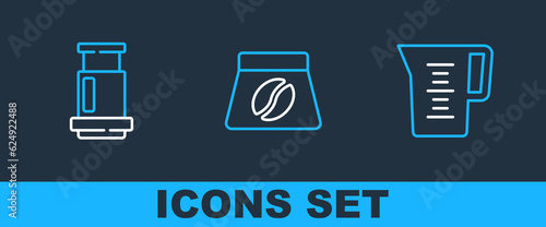 Set line Jug glass with water, Aeropress coffee and Bag beans icon. Vector