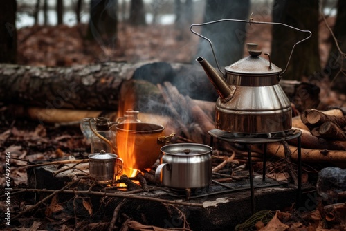 brewing tea on camp stove with campfire nearby, created with generative ai