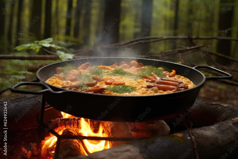 steaming paella pan on campfire with focus on ingredients, created with generative ai steaming paella pan on campfire with focus on ingredients, created with generative ai