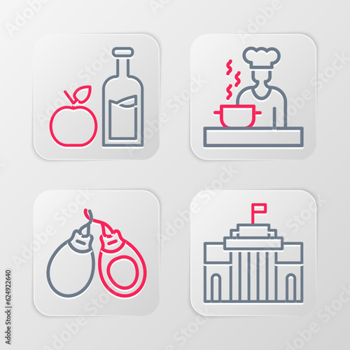 Set line Prado museum, Castanets, Spanish cook and Apple cider bottle icon. Vector