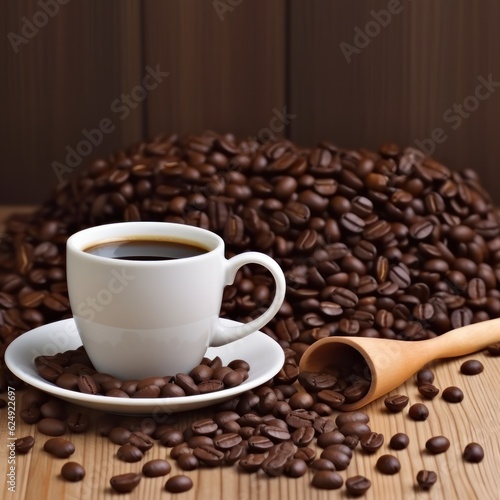 Dark brown color coffee cup with handle and coffee seeds