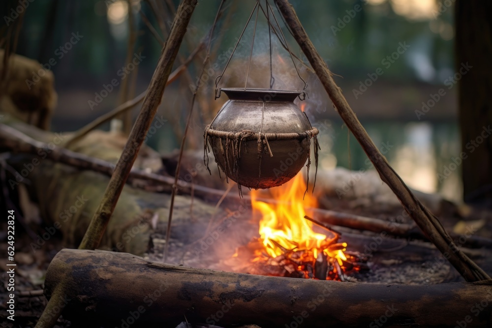 rice pot hanging from a tripod over a campfire, created with generative ai rice pot hanging from a tripod over a campfire, created with generative ai
