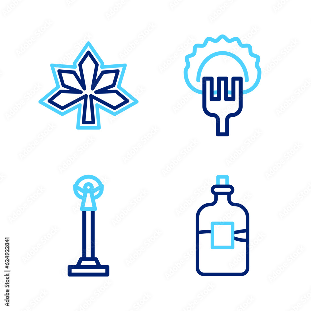 Set line Bottle of vodka, Monument Independence, Dumplings fork and Chestnut leaf icon. Vector Set line Bottle of vodka, Monument Independence, Dumplings fork and Chestnut leaf icon. Vector