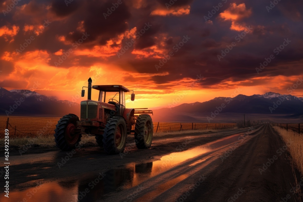 broken tractor with dramatic sunset backdrop, created with generative ai